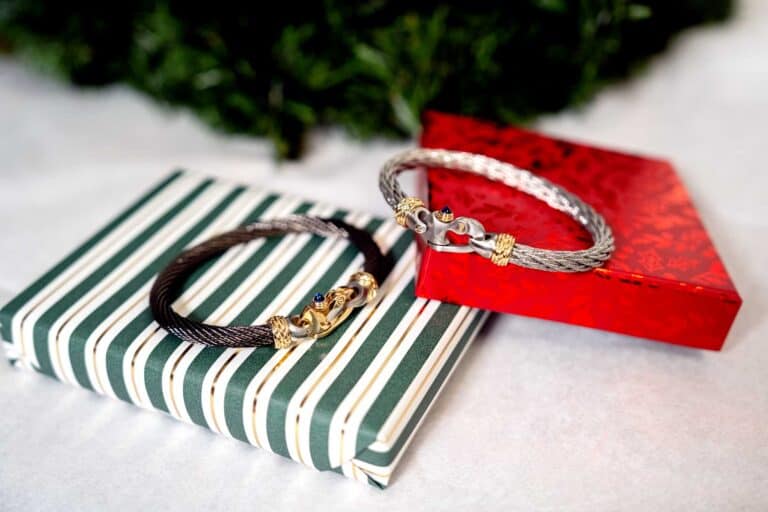 Guy Beard Designs creates handcrafted cable bracelets with their signature Mariner's Clasp.